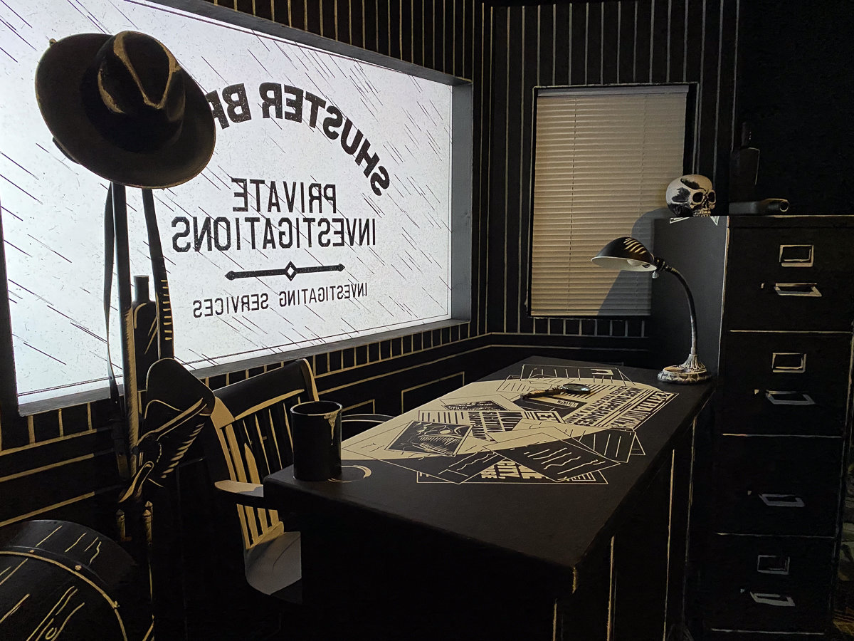 investigator's desk in black and white